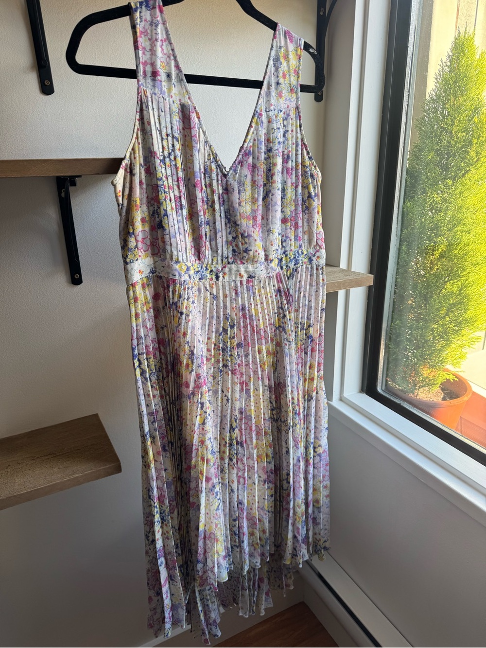 Tracy Reese Pleated Floral Maxi Dress in White, Pink, Yellow & Blue